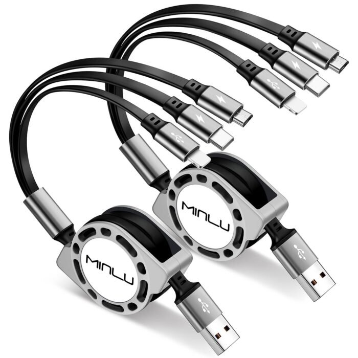 Multi Charging Cable 3A, [2Pack 4ft] Retractable Multi Charging Cord 3 in 1 Fast Charger Cord, Multi Charger Adapter with Lightning/Type C/Micro USB Ports for Cell Phones/iPhone/Samsung/PS/Tablets